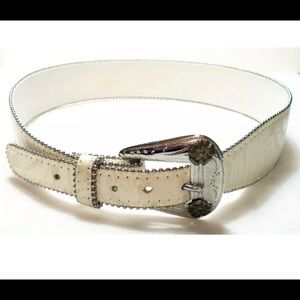 TWO BLONDES Embossed Rivet Beige Leather Belt